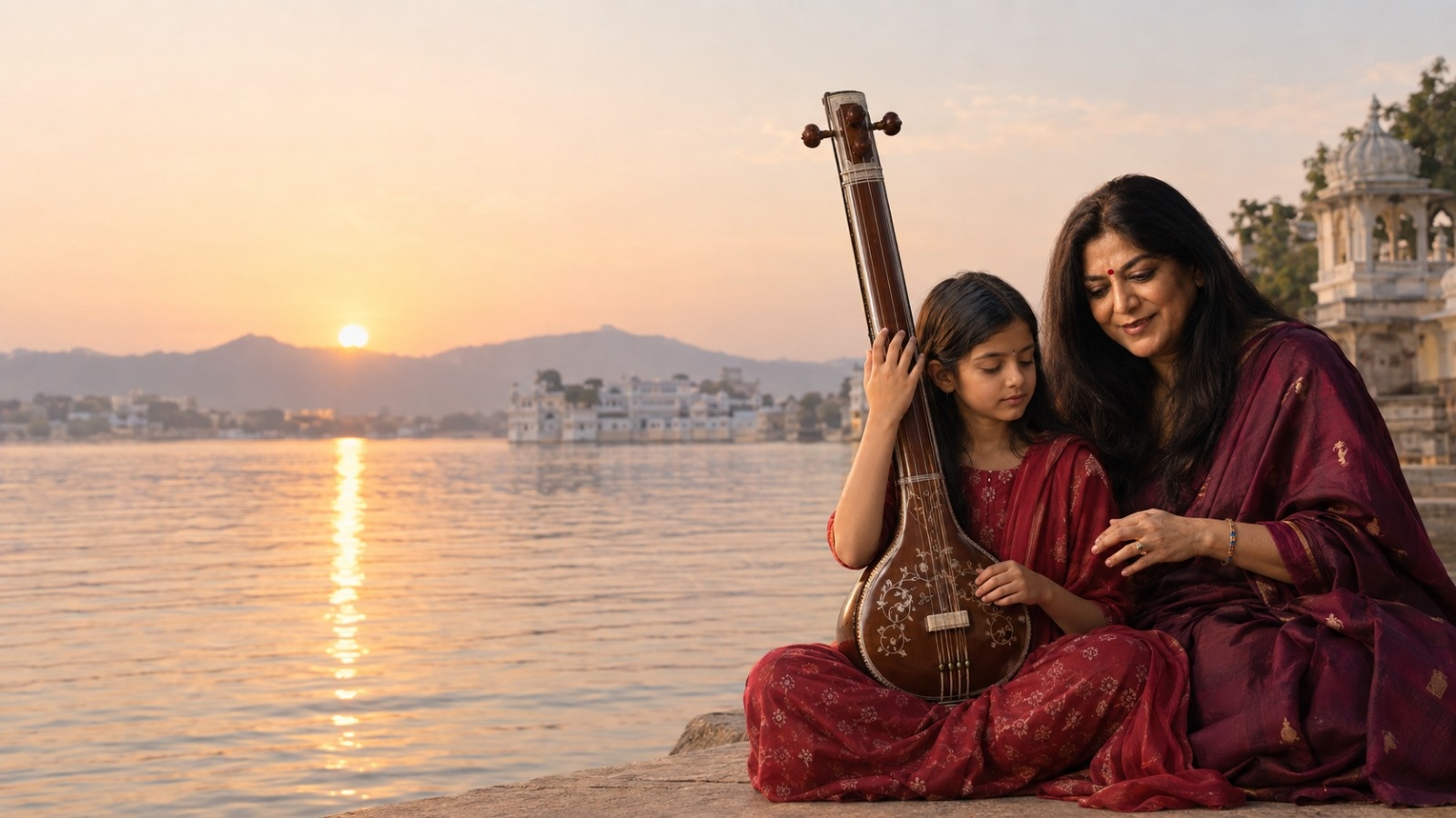 A guru guiding a young student on the tanpura